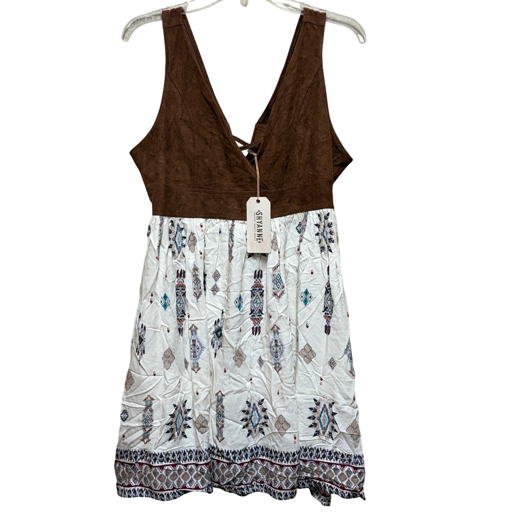 Shyanne‎ N.W.T. Y2K Brown Faux Suede Southwestern Print Mini Dress Medium
